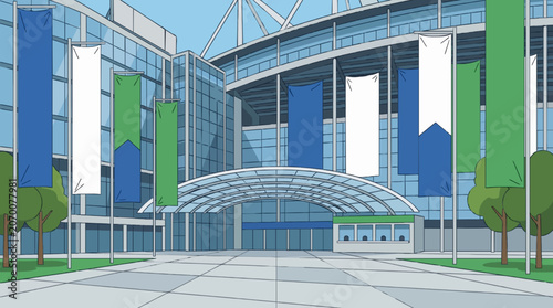 Modern sports stadium entrance with colorful banners and glass canopy vector illustration