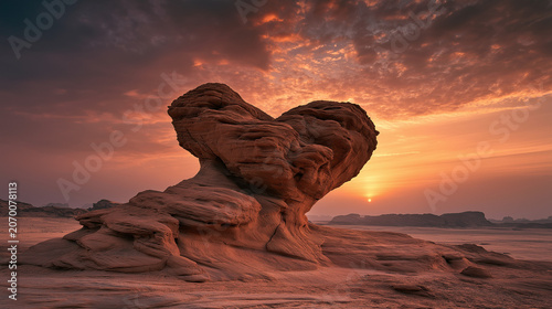 Sunset paints the sky in warm, glowing hues. Lone rock formation stands tall, shaped like a heart. Its rugged surface tells stories of time and wind. The desert stretches wide, quiet and endless