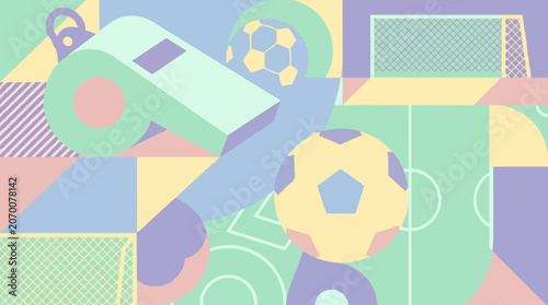Abstract soccer theme vector illustration with whistle, ball, goal, and geometric patterns in pastel colors