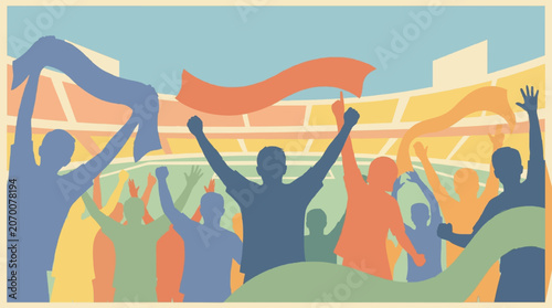 Jubilant Sports Fans Silhouetted in a Vibrant Stadium, Waving Banners and Cheering, Capturing the Thrilling Atmosphere of a Live Event and Collective Celebration