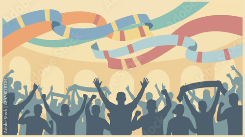 Enthusiastic crowd celebrating with raised arms and colorful scarves, creating a vibrant atmosphere of joy and triumph at a large event