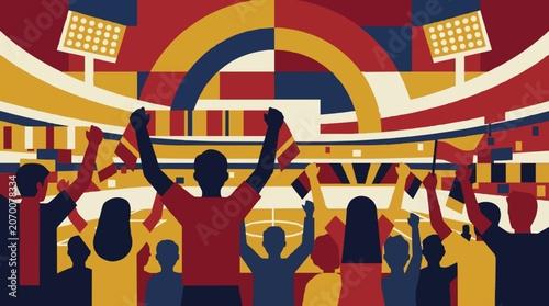 Cheering crowd of sports fans holding scarves and flags in a stadium under bright spotlights