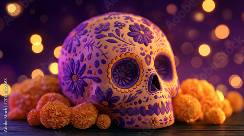 Colorful sugar skull rests on a dark wooden surface. Bright orange marigolds surround the skull gently. Soft bokeh lights glow in the blurred background