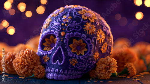 Purple sugar skull with floral patterns glows softly. Oranges surround it, adding warm contrast. Bokeh lights twinkle behind, creating a dreamy effect. Ceremonial stillness evokes remembrance