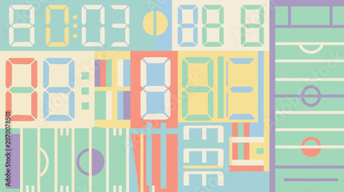 Digital Scoreboard Displaying Time and Game Stats in a Colorful, Abstract Pattern