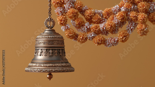 Ancient bell hangs suspended, ornate and heavy. Golden marigold garlands drape nearby, festive and bright. Warm, earthy tones frame this traditional, sacred symbol. Bell evokes calm, reverence