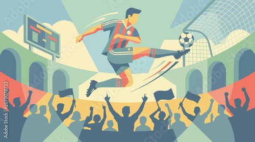 Dynamic Vector Illustration of a Professional Soccer Player Scoring a Goal in a Packed Stadium with Enthusiastic Fans Cheering