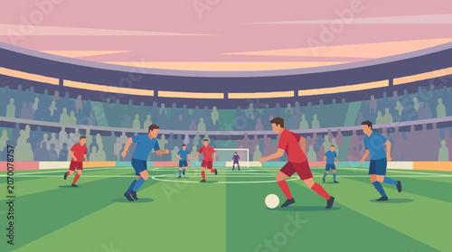 Professional Soccer Match Illustration Featuring Players and Crowded Stadium Background