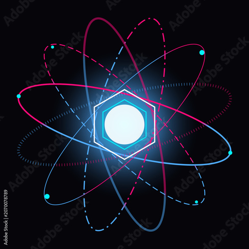 Fotografie Glowing neon quantum core emblem with atomic orbital rings and hexagonal nucleus