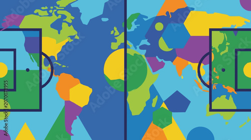 Abstract world map with vibrant geometric country shapes and integrated soccer field graphics, illustrating the global reach and diverse celebration of international sports competitions