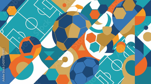 Vibrant abstract geometric soccer background featuring football balls pitch diagrams and colorful hexagonal patterns for sports events