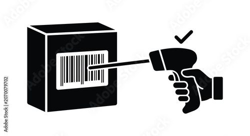 Photos Barcode scanner aiming at cardboard box with barcode black and white silhouette
