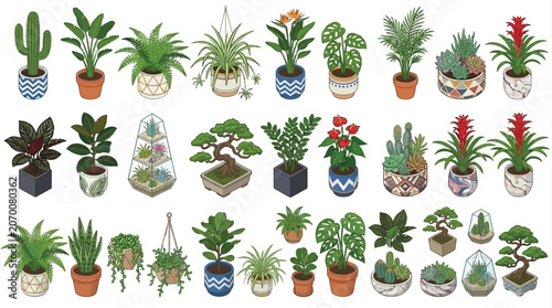Tableau sur toile Assorted potted plants vector illustration with decorative containers