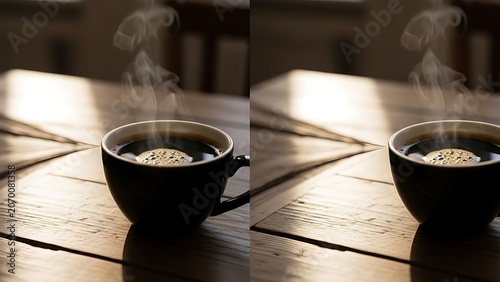 Steaming Cup of Coffee on a Wooden Table in Morning Sunlight.