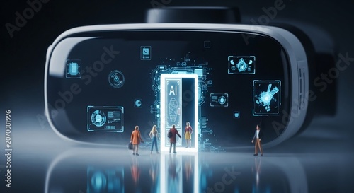 Miniature figures explore a glowing AI gateway within a virtual reality headset, symbolizing future technology and innovation.