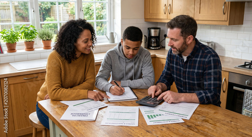 Parents and teenage son cooperatively reviewing financial documents at kitchen island.