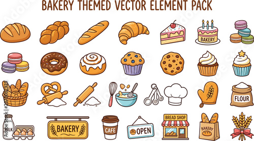 Foto Color vector element pack of bakery goods, pastries, bread, cakes, tools, and ca