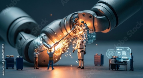 Tiny engineers diligently working on a colossal, futuristic robot arm, sparks flying, symbolizing technological advancement and collaborative effort.