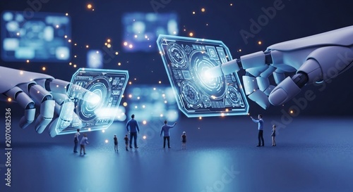 Tiny humans interact with giant robotic arms controlling futuristic holographic data interfaces, representing technological progress and innovation.