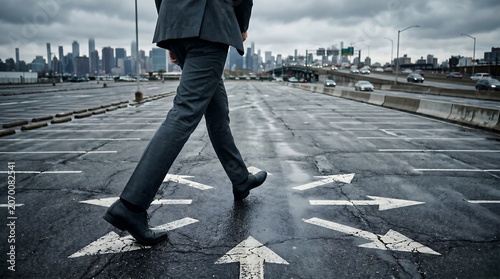 Businessman walking on a wet asphalt road at a crossroads with white arrows pointing in multiple directions, choosing career paths.