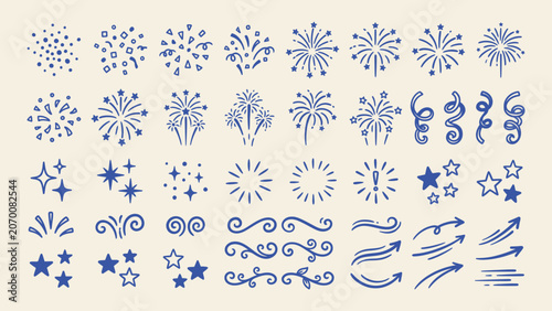 Photos Hand drawn blue doodle fireworks stars confetti and arrows vector set for festiv
