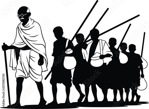 Mahatma Gandhi Leading the Historic Salt March with Followers Black Silhouette Vector Illustration Symbolizing Nonviolence Freedom and Indian Independence Movement