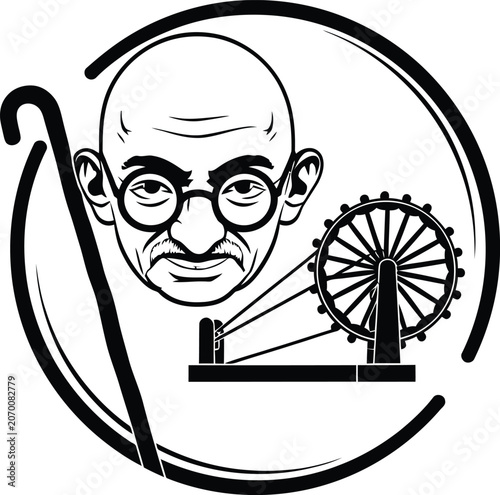 Mahatma Gandhi Portrait with Walking Stick and Charkha Spinning Wheel Symbolizing Peace Nonviolence Freedom and Indian Independence Vector Illustration