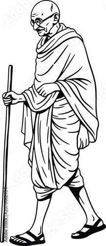 Mahatma Gandhi Walking with Wooden Staff Traditional Robe and Sandals Black and White Line Art Vector Illustration Symbolizing Peace Freedom and Nonviolence