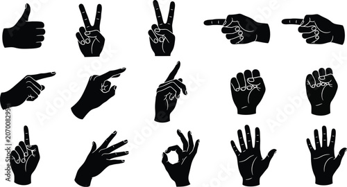 Hand Gesture Silhouette Collection Featuring Thumbs Up Pointing Finger Victory Sign OK Symbol Open Palm and Fist Vector Icons