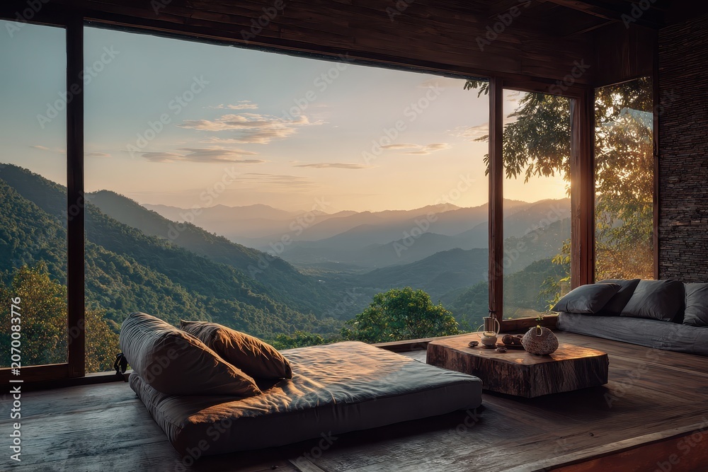 Fototapeta premium Sunrise view from eco lodge with mountains and natural interior in morning light