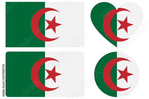 Algeria National flag. Algeria flag in rectangular, heart, round and wave shape with moon and star.