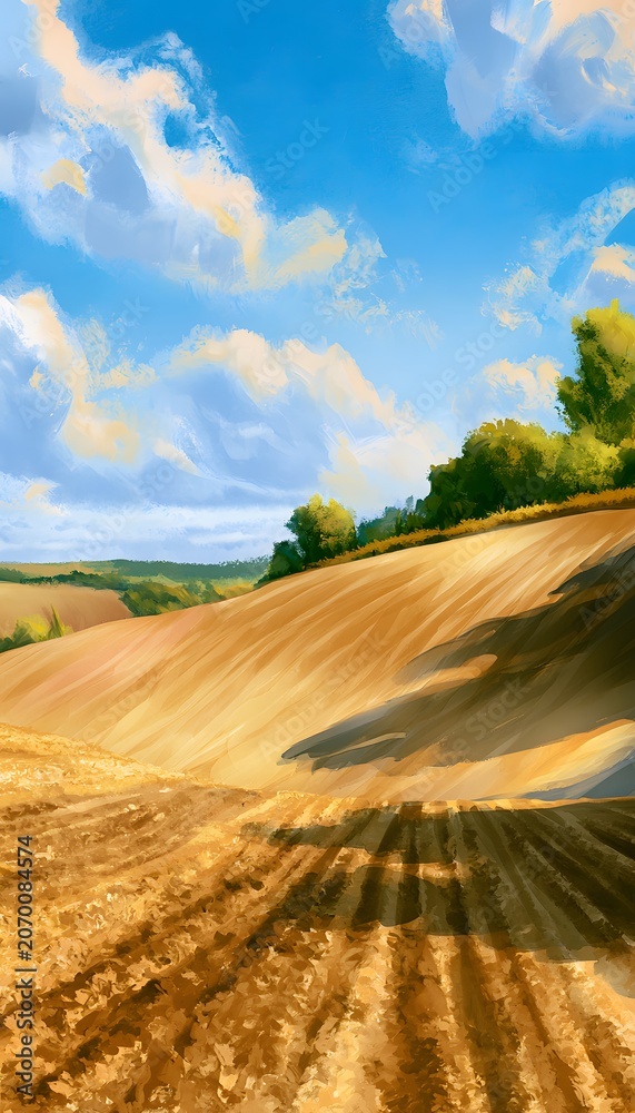 Fototapeta premium Golden Hour Landscape Watercolor Illustration of Peaceful Rural Hills and Fields