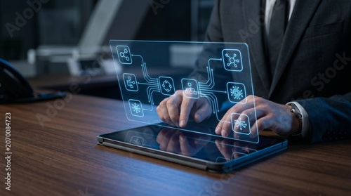 Man interacting with a holographic interface on a digital tablet, visualizing a futuristic workflow and data management system