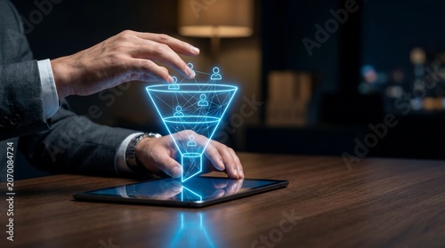 Businessman analyzing a holographic sales funnel on a tablet to increase lead conversion