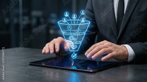 Business Professional Using Holographic Sales Funnel Visualization on a Digital Tablet for Modern Data Strategy