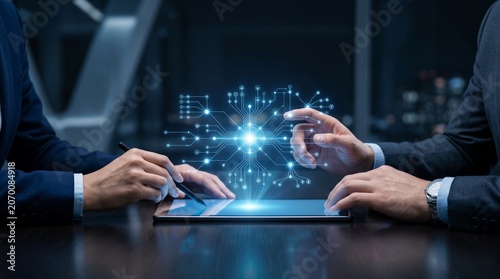 Business Professionals Analyzing Holographic Data Interface on Tablet in Modern Office
