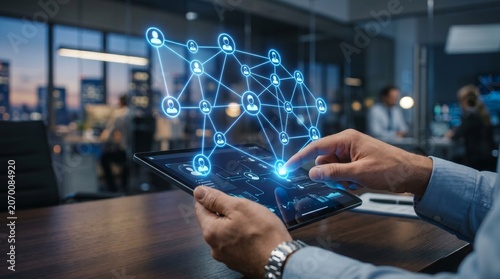 Business Professional Interacting with a Glowing Holographic Network Connection on a Digital Tablet in a Modern Office Workspace