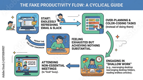 A frustrated businessman engages in unproductive tasks in his office.