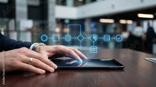 Businessman interacting with a holographic flowchart on a tablet, showcasing digital transformation and business process management