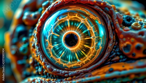 The image features a highly detailed and vividly colored close up of an eye, with an intense focus on the iris and surrounding textures