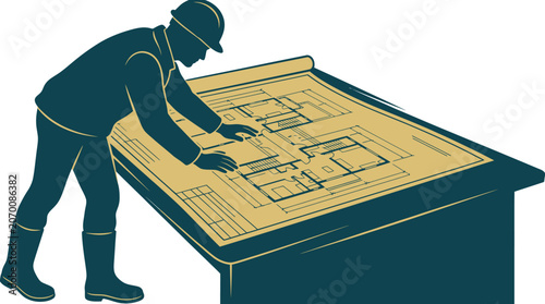 Fotografía Architect Reviewing Blueprints Vector Illustration