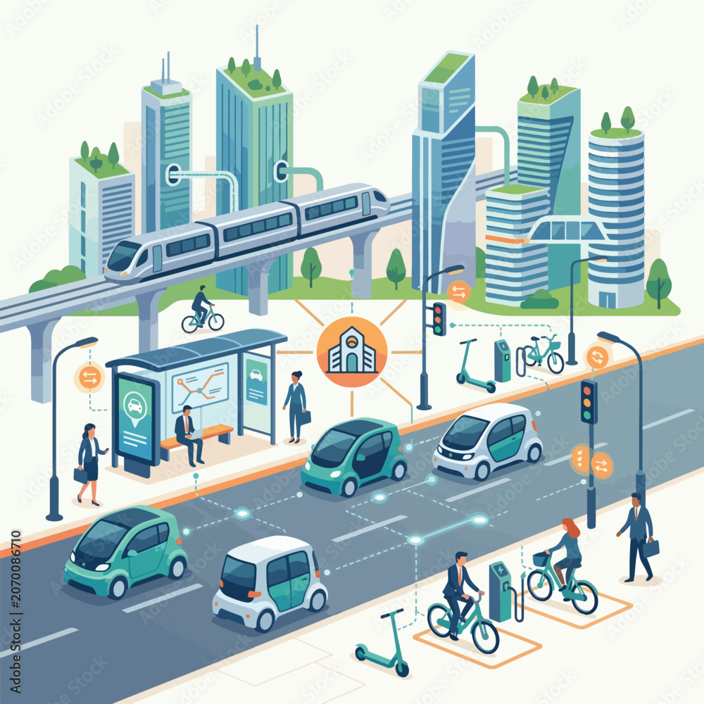 Obraz premium Futuristic city street with electric vehicles, public transit, and cyclists in a sustainable urban environment