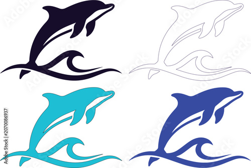 Photos Dolphin jumping over ocean waves vector set, minimalist sea animal silhouette ic