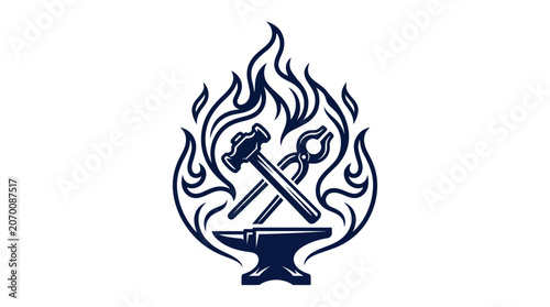 Tableau sur toile Blacksmith tools with anvil hammer and tongs in flames