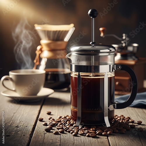 Steaming French Press Coffee Maker with Beans and Chemex.