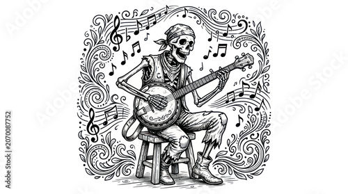 Photos Skeleton musician playing banjo with flowing musical notes
