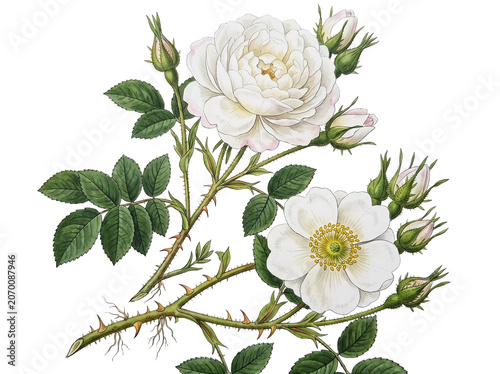 Detailed botanical illustration featuring two elegant white rose clusters with thorny stems lush green leaves and small orange rose hips showcased against a clean white background in a classic vintage