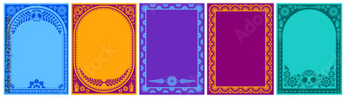 Mexican frames with vibrant floral pattern, latino folk motifs, vector posters, ethnic background. Colorful flower border design for Day of the Dead party cards, festive invites with skull, candles