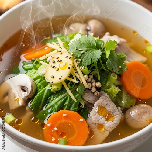 Steaming Hot Bowl of Asian Chicken Noodle Soup with Fresh Vegetables and Herbs.