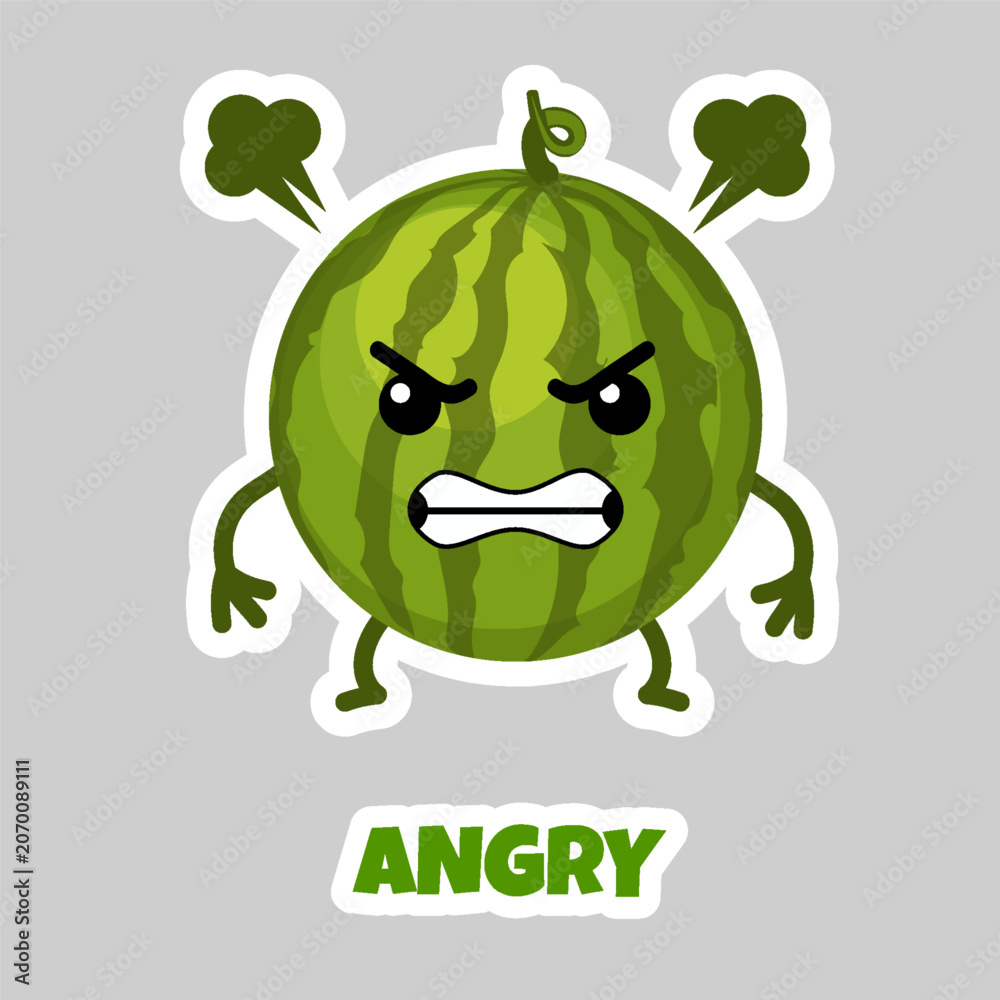 Fototapeta premium Cute Angry Watermelon Cartoon Sticker Character Vector Illustration